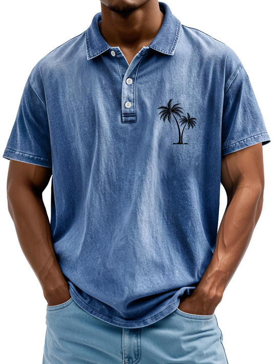 Men's Retro Lapel Coconut Tree Printed Casual Short Sleeve POLO Shirt