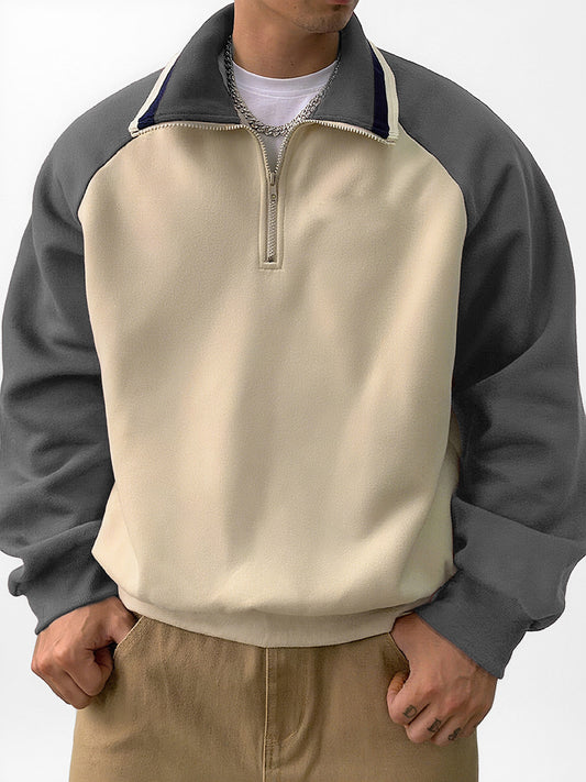 Men's Stylish Retro Patchwork Zippered Loose-fitting Long-sleeved Sweatshirt 