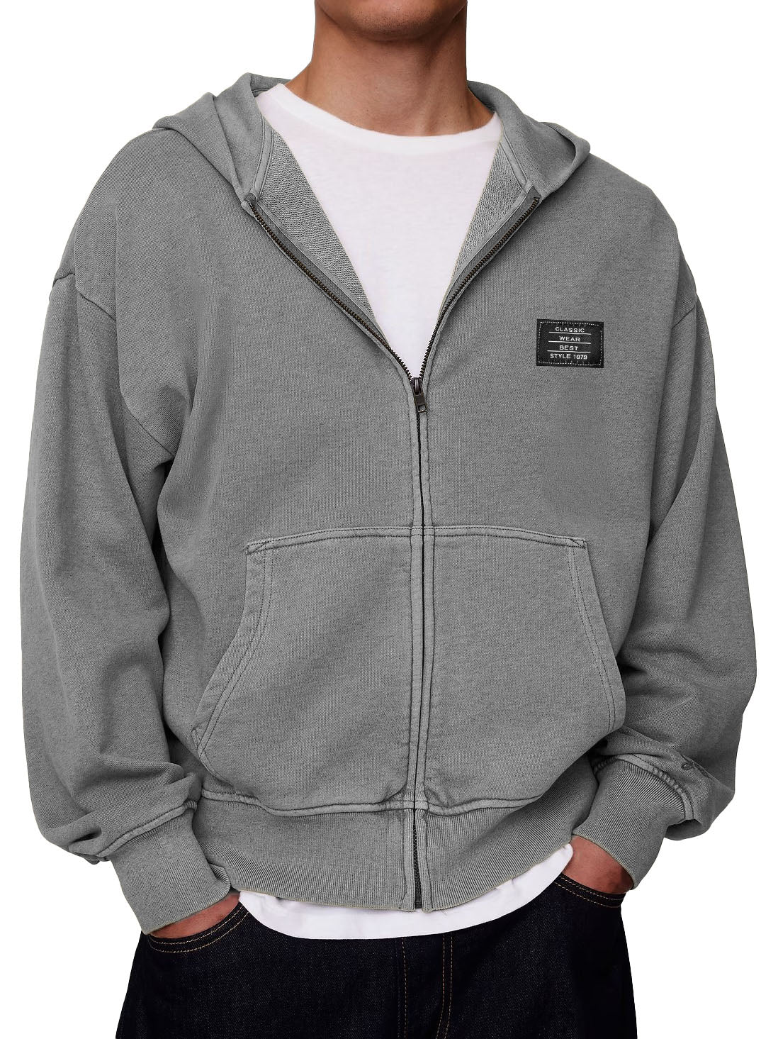 Men's Stylish Retro Outdoor Loose-fitting Embroidered Logo Pocket Long-sleeved Zip-up Hooded Sweatshirt
