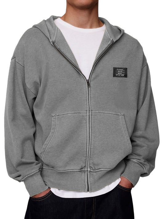 Men's Stylish Retro Outdoor Loose-fitting Embroidered Logo Pocket Long-sleeved Zip-up Hooded Sweatshirt