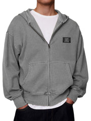 Men's Stylish Retro Outdoor Loose-fitting Embroidered Logo Pocket Long-sleeved Zip-up Hooded Sweatshirt