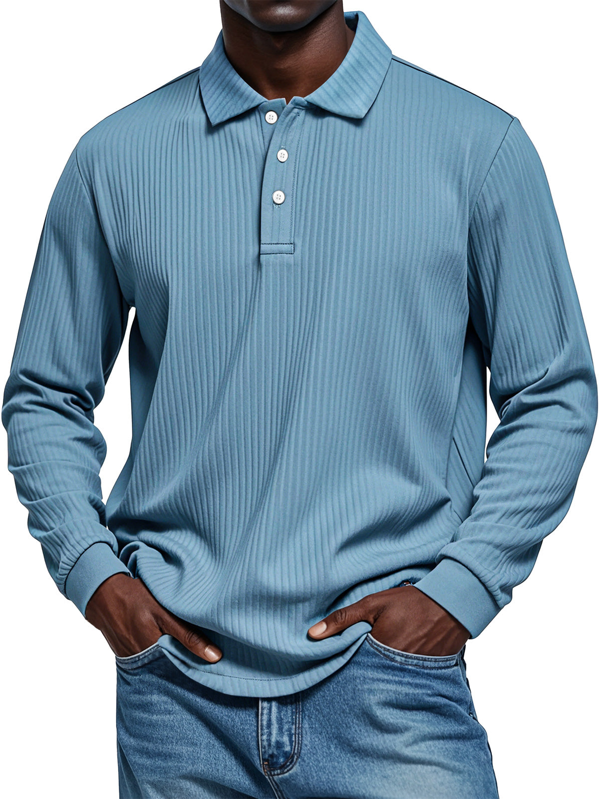 Men's Pit Texture Casual Button Solid Color Long-sleeved Polo Shirt