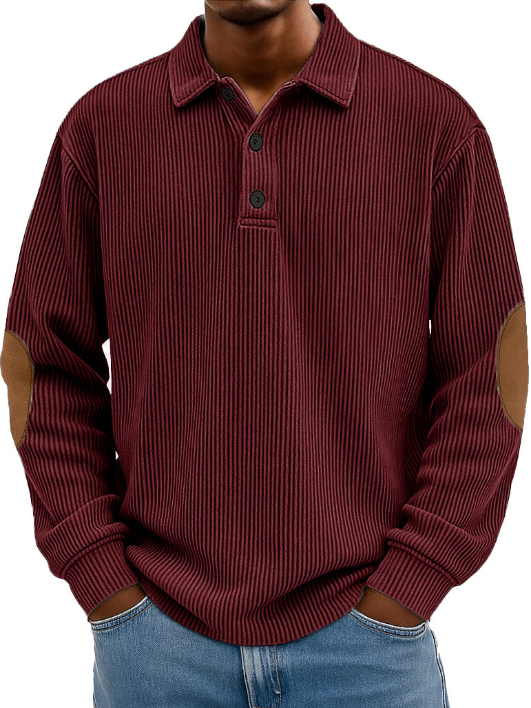 Men's Wear Fashionable Retro Stitching Pit Strip Long-sleeved Lapel Polo Shirt 