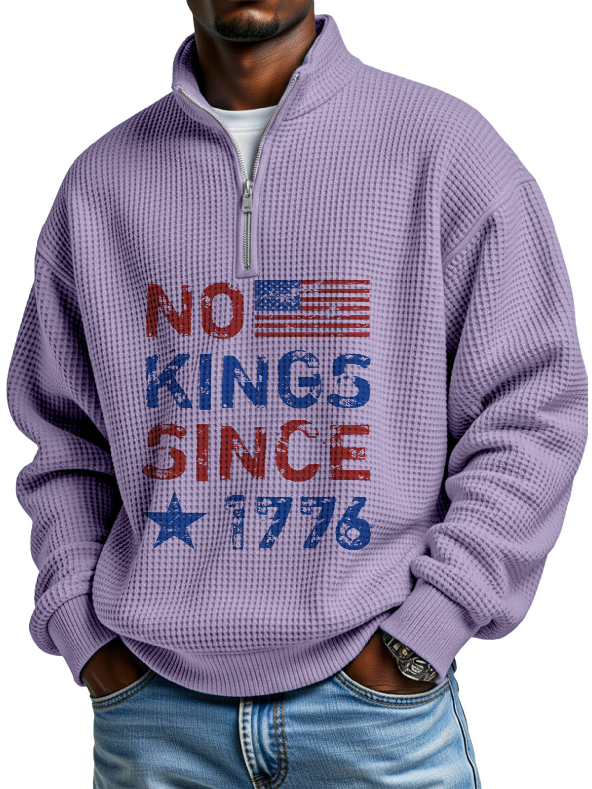 No King Waffle Texture Zipper Stand Collar Long-sleeved Sweatshirt