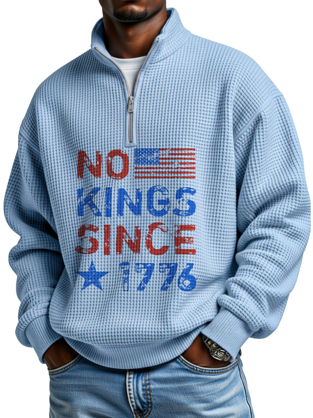 No King Waffle Texture Zipper Stand Collar Long-sleeved Sweatshirt