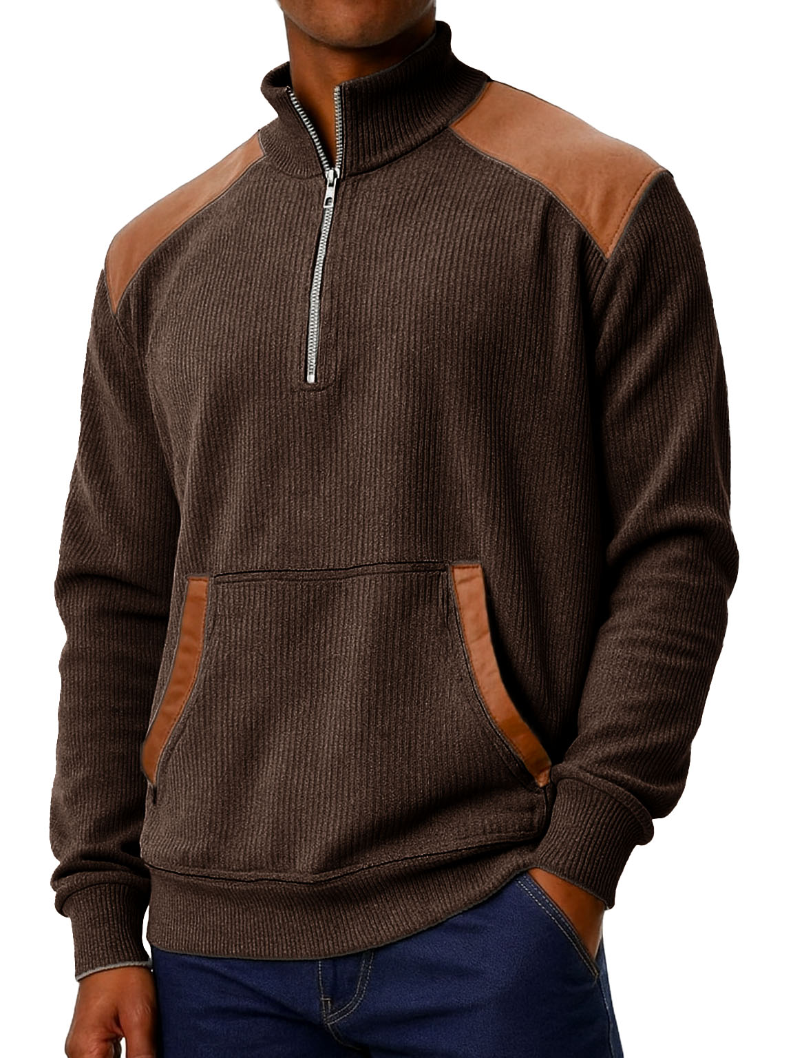 Men's Clothing Fashionable Casual Stitching Pit Strip Corduroy Fabric Pockets Stand Collar Zipper Sweatshirt 