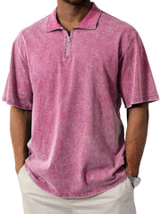 Men's Retro  Stand Collar Zipper Solid Color Short Sleeve T-Shirt