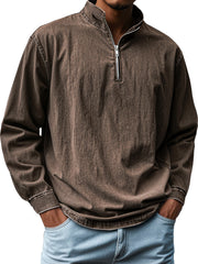 Men's Vintage Distressed Stand-up Collar Zipper Casual Long-sleeved T-shirt