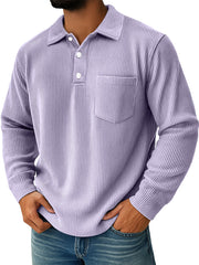 Men's Daily Ribbed Lapel Button-down Casual Pocket Long-sleeved Polo Shirt