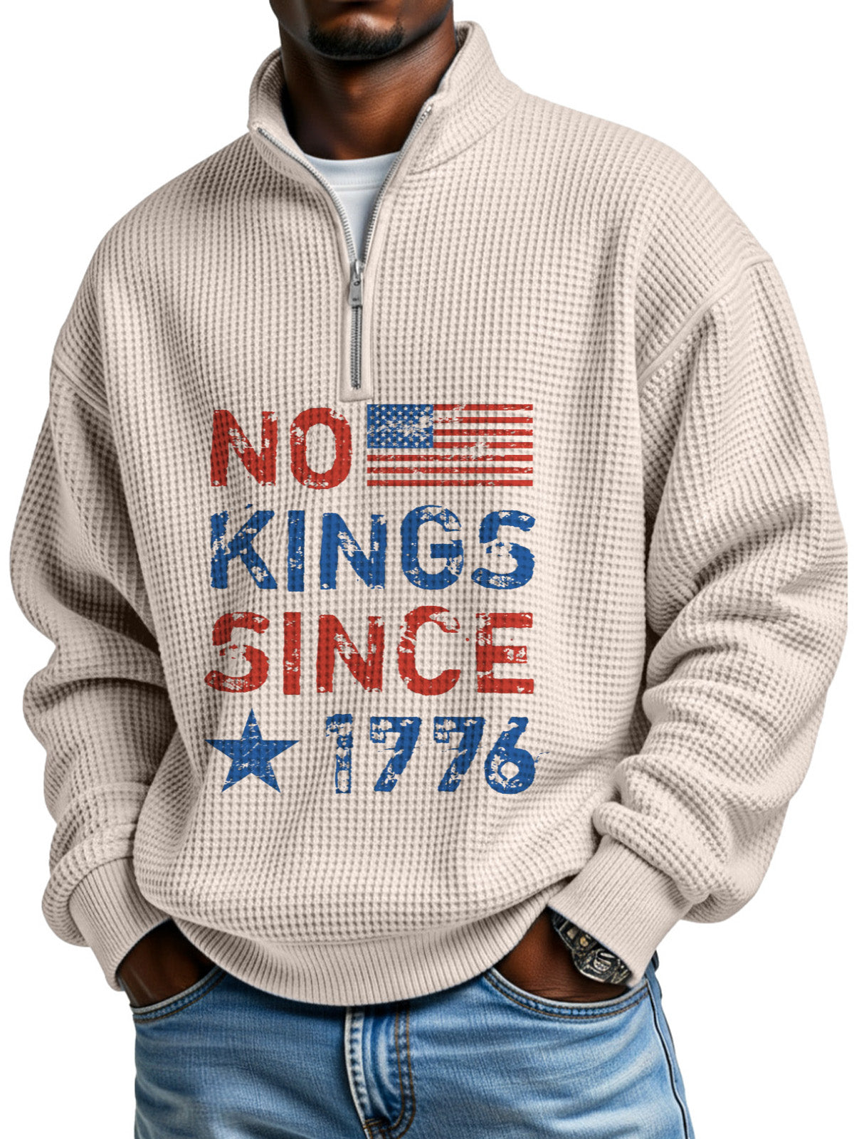 No King Waffle Texture Zipper Stand Collar Long-sleeved Sweatshirt