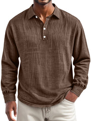 Men's Everyday Pleated Lapel Button-down Casual Long-sleeved Polo Shirt