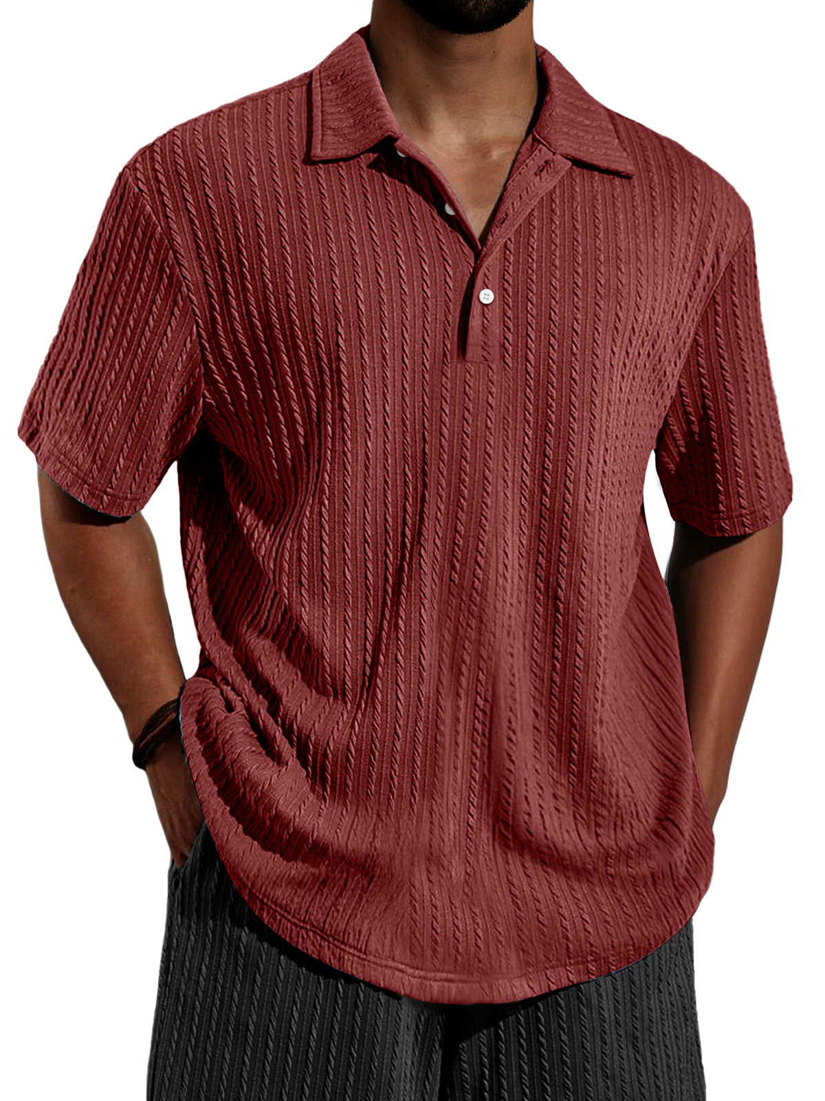 Men's Daily Jacquard Texture Casual Lapel Button Short-sleeved Polo Shirt