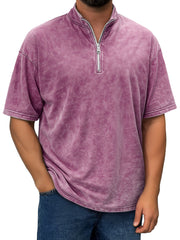 Men's Retro Stand Collar Zipper Casual Short Sleeve T-shirt