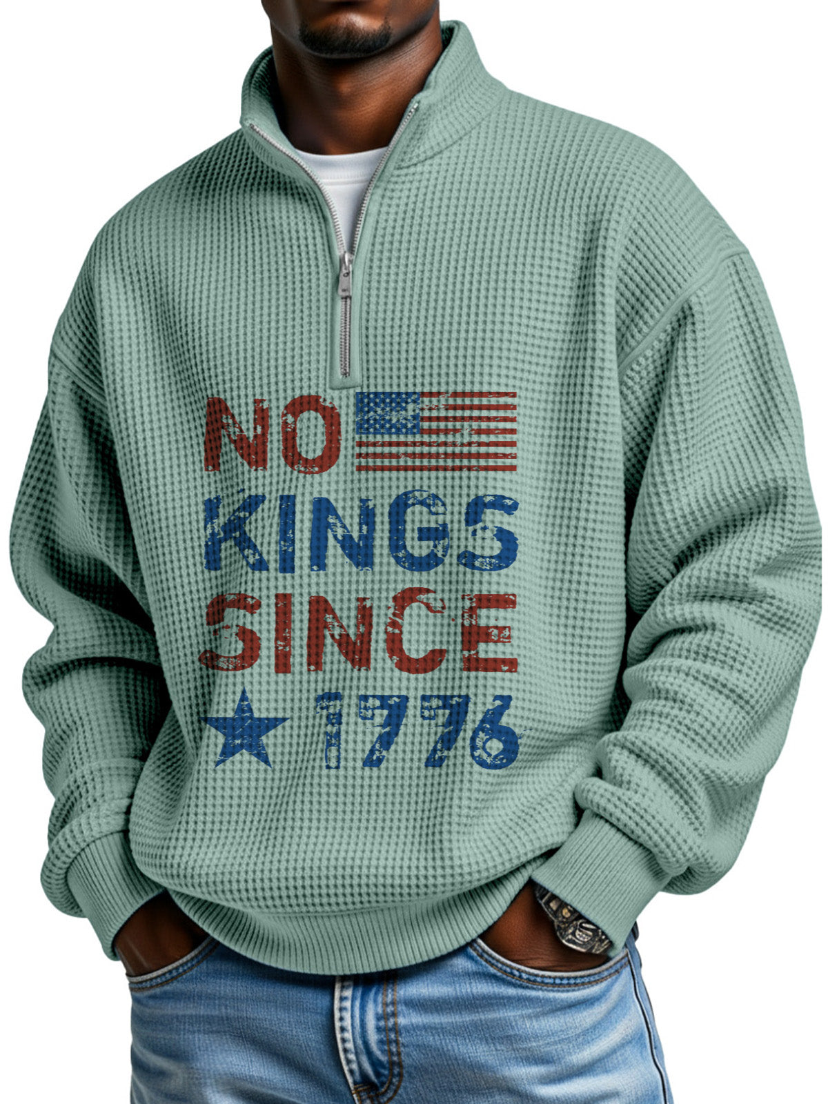 No King Waffle Texture Zipper Stand Collar Long-sleeved Sweatshirt