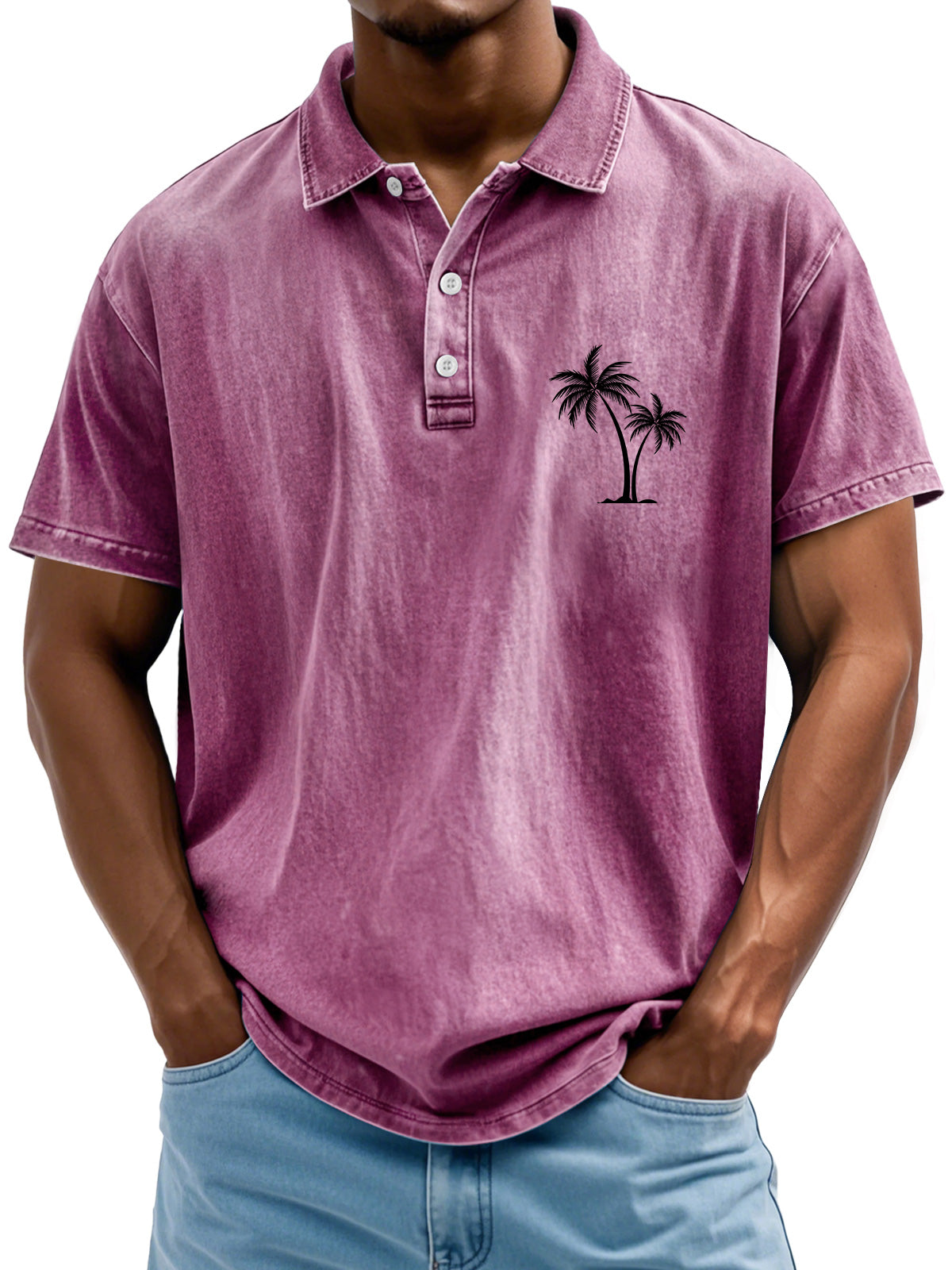 Men's Retro Lapel Coconut Tree Printed Casual Short Sleeve POLO Shirt