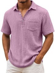 Men's Daily Pleated Texture Lapel Casual Pocket Comfortable Short Sleeve POLO Shirt