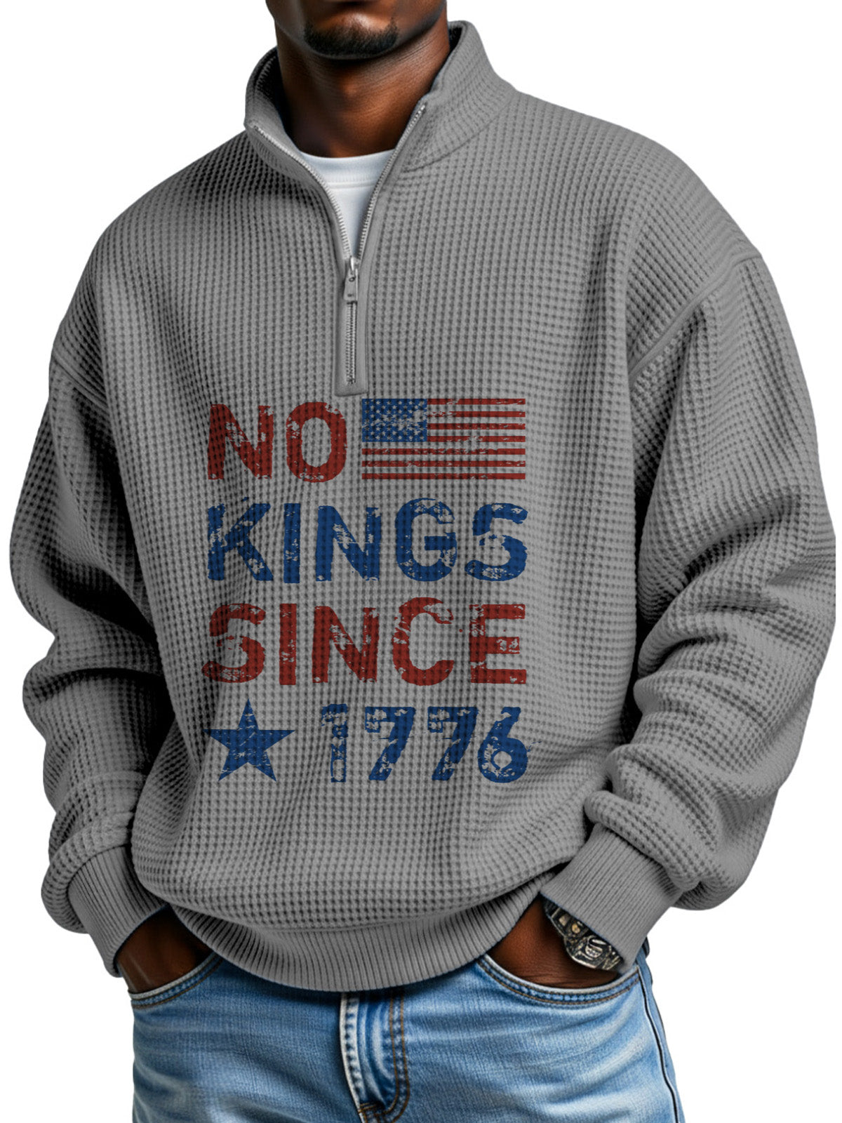 No King Waffle Texture Zipper Stand Collar Long-sleeved Sweatshirt