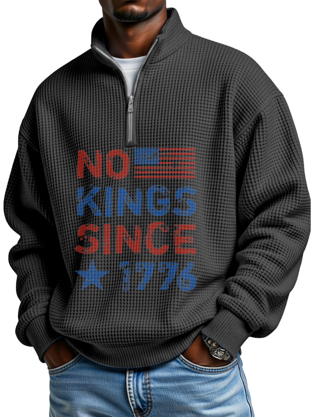No King Waffle Texture Zipper Stand Collar Long-sleeved Sweatshirt