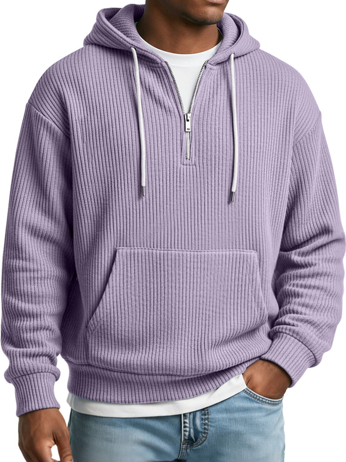 Men's Simple Ribbed Textured Hooded Zippered Casual Loose Sweatshirt