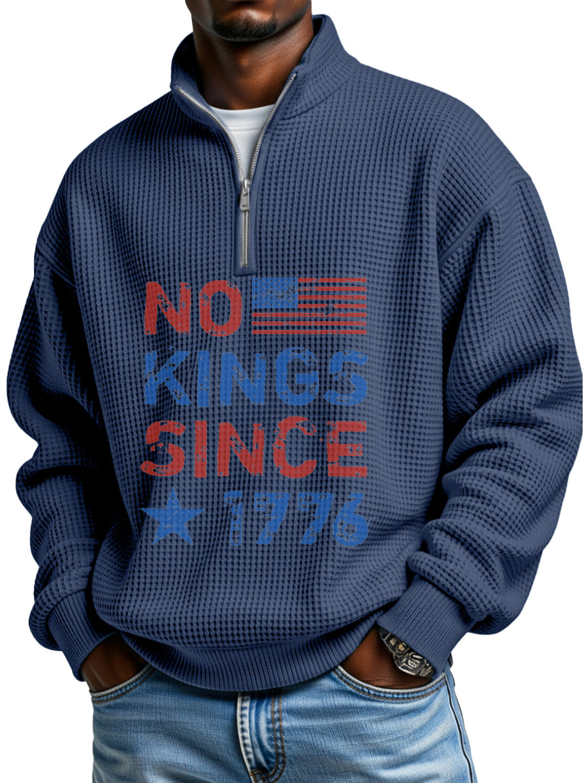 No King Waffle Texture Zipper Stand Collar Long-sleeved Sweatshirt