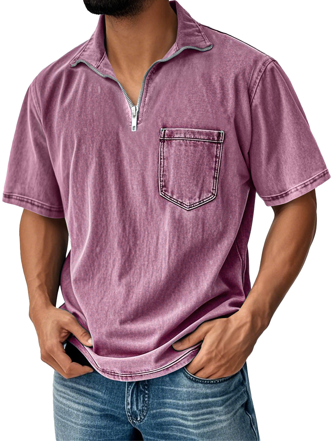 Men's Retro Daily Stand Collar Zipper Pocket Casual Short Sleeve T-shirt