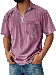 Men's Retro Daily Stand Collar Zipper Pocket Casual Short Sleeve T-shirt
