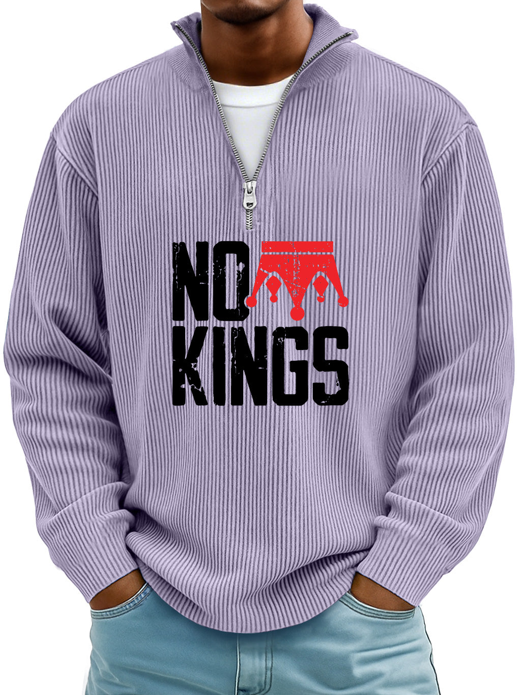 Men's Simple No Kings Ribbed Stand-up Collar Zipper Casual Long-sleeved T-shirt