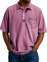 Men's Vintage 100% Cotton Washed Distressed Lapel Pocket Casual Short Sleeve POLO Shirt