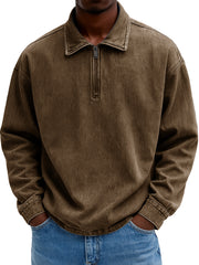 Men's Stylish Casual Retro Zippered Lapel Long-sleeved Loose-fitting Distressed Sweatshirt 