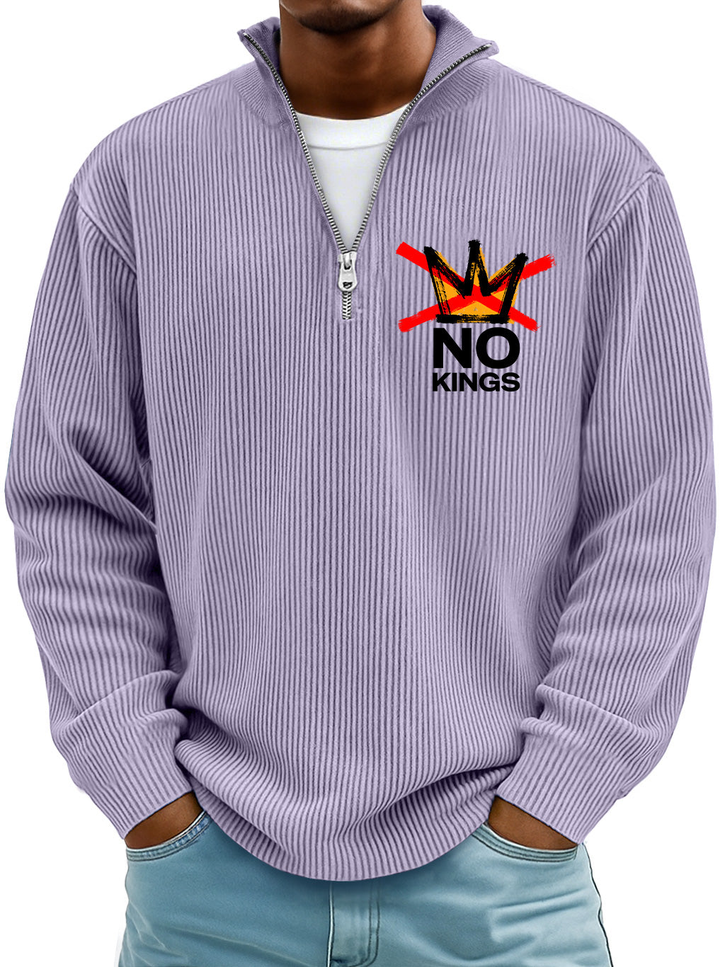 Men's Simple Ribbed No Kings Stand-up Collar Zipper Long-sleeved T-shirt