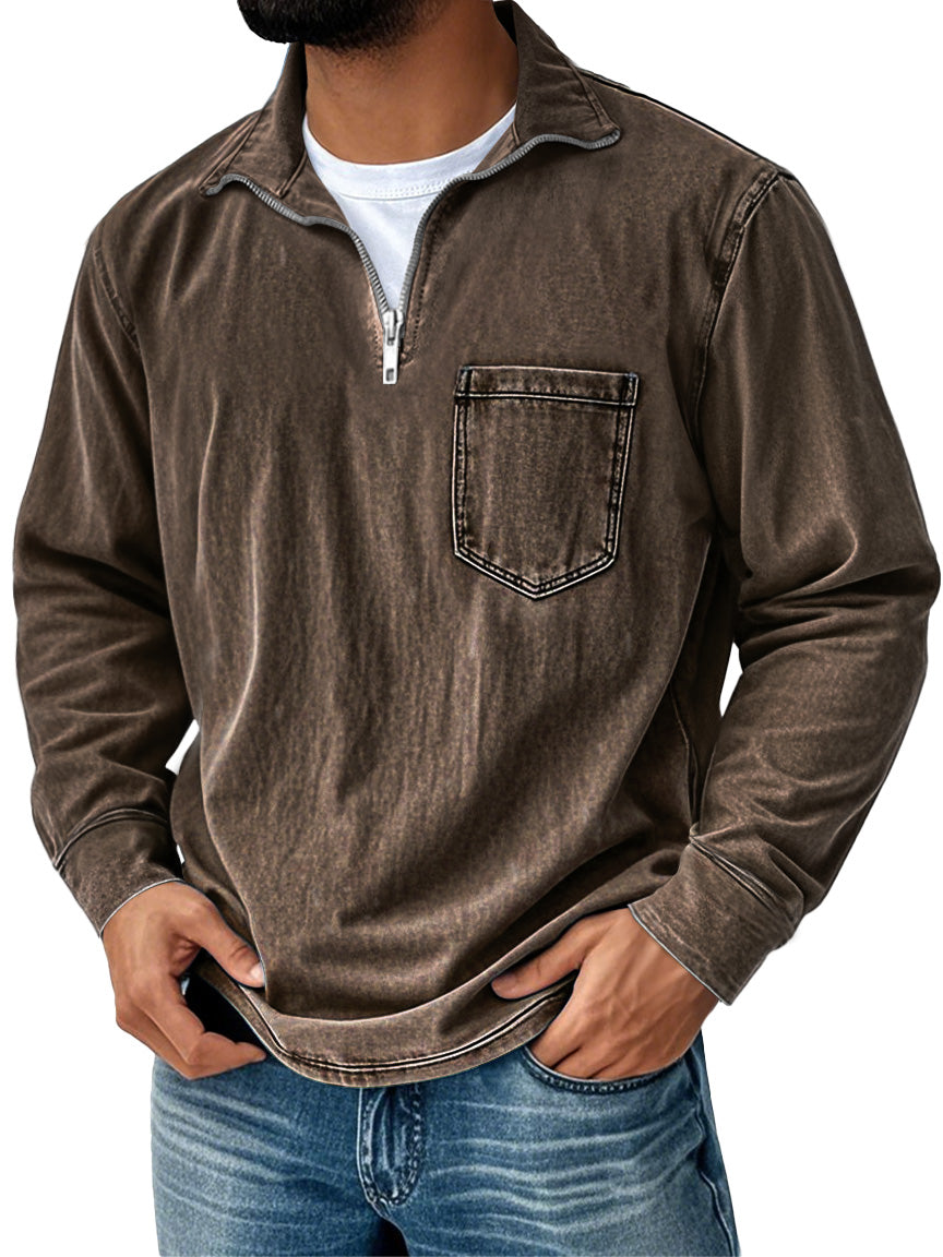 Men's Retro Casual Stand Up Collar Zipper Pocket Distressed Long Sleeved T-shirt