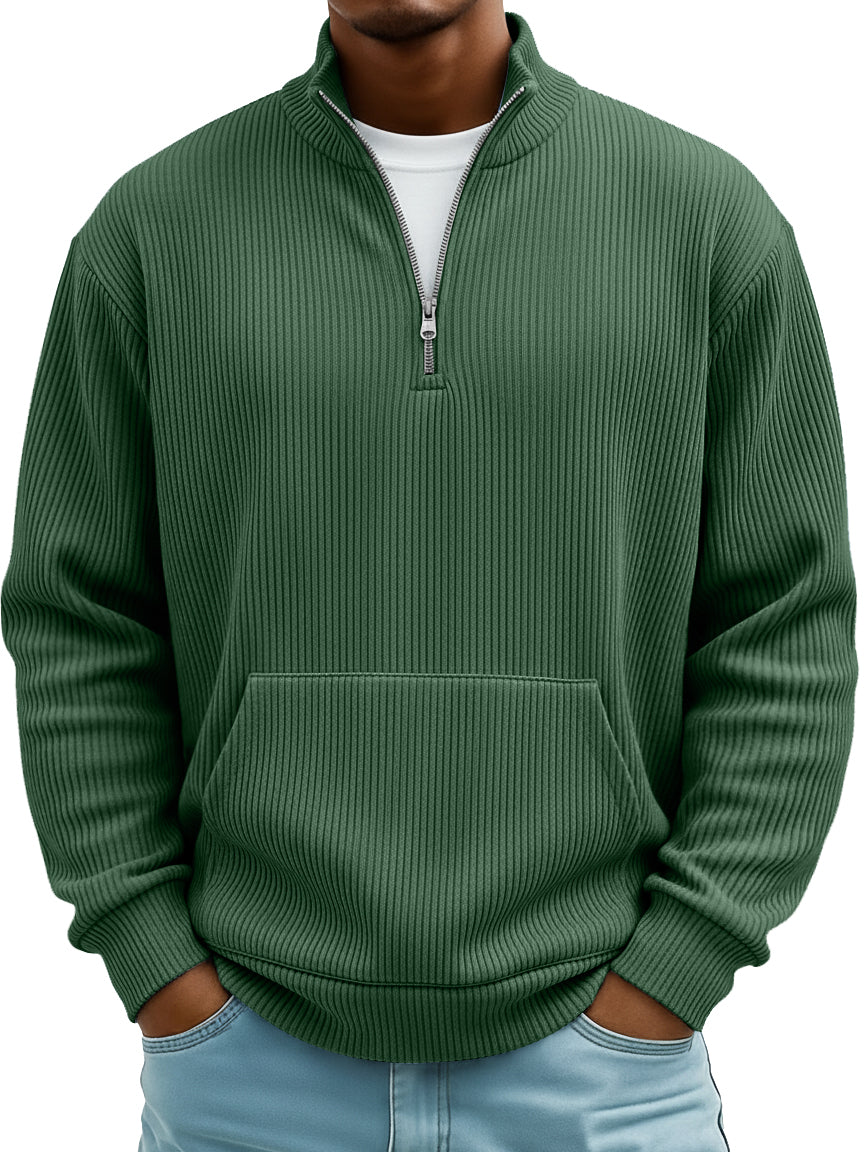 Men's Pit Stripe Stand Collar Zipper Loose Pocket Casual Hoodie