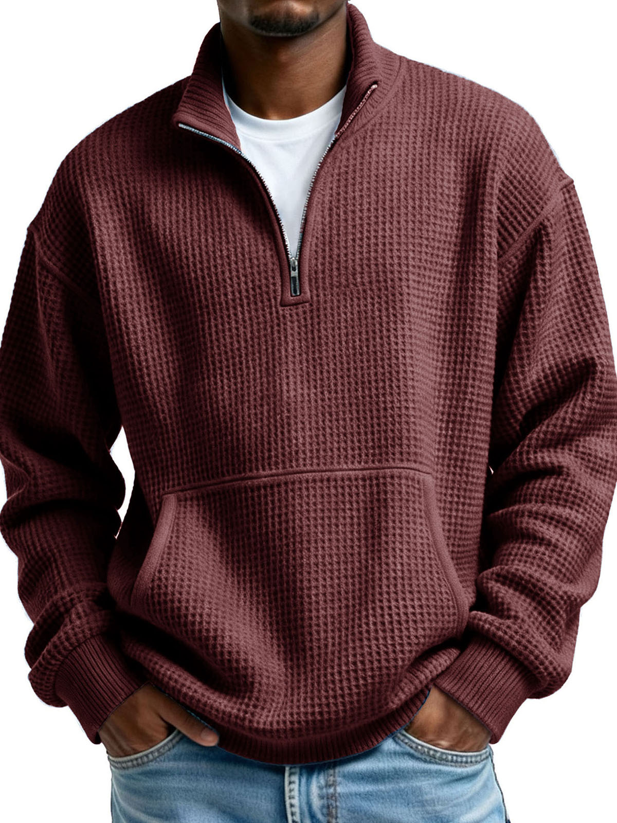 Men's Clothing Fashionable Casual Pit Strip Fabric Upright Collar Zipper Pockets Long-sleeved Hoodie