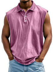 Men's Retro Casual Lapel Button Solid Color Loose Sleeveless POLO Shirt