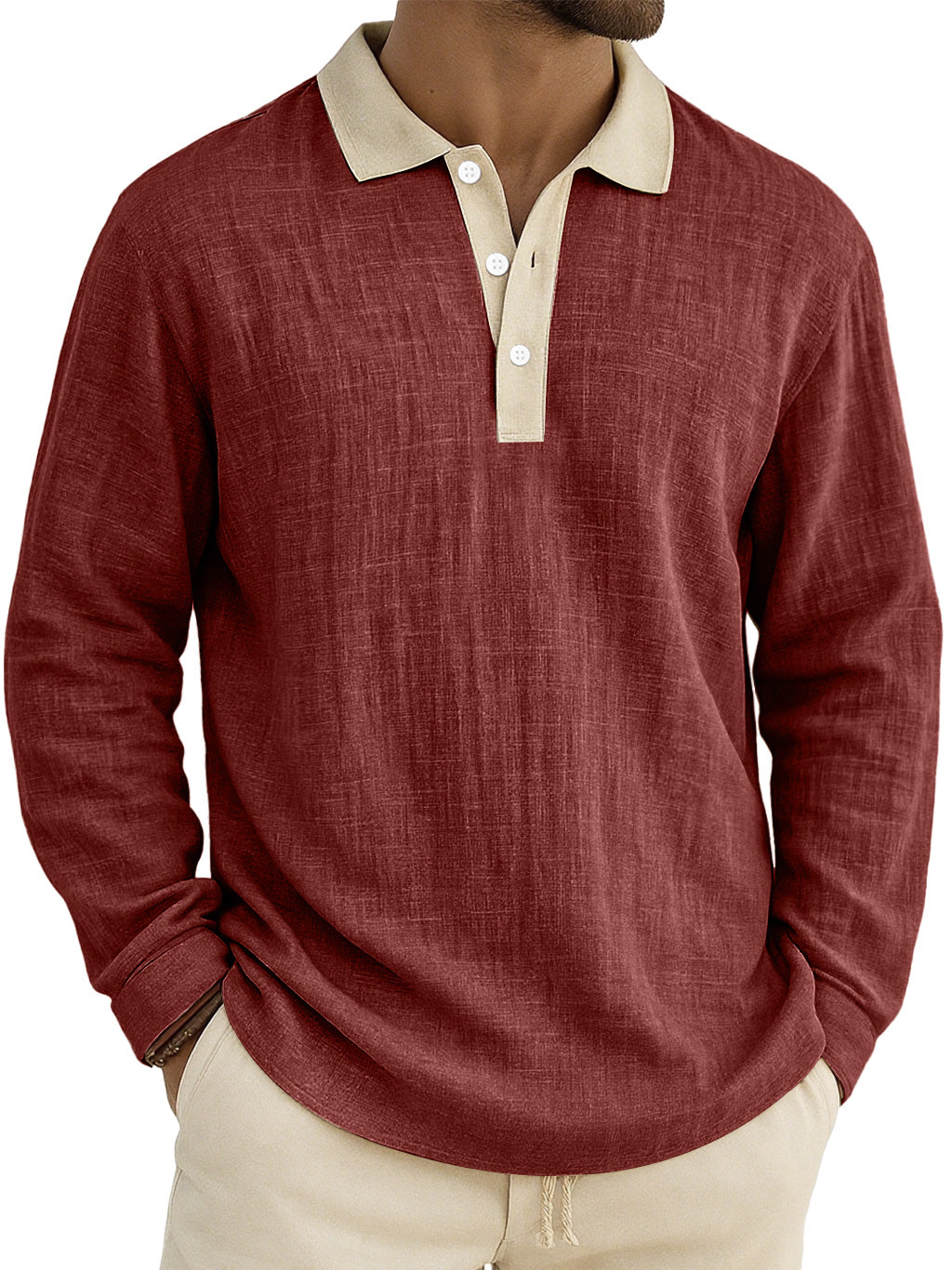 Men's Retro Everyday Colorblock Lapel Button Comfort Long Sleeve Polo Shirt