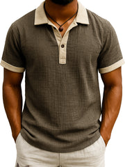  Men's Fashion Retro Hemp Fabric Patchwork Contrast Color Short-sleeved Polo Shirt 