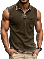 Men's Fashion Daily Distressed Fabric Pocket Sleeveless Polo Shirt 