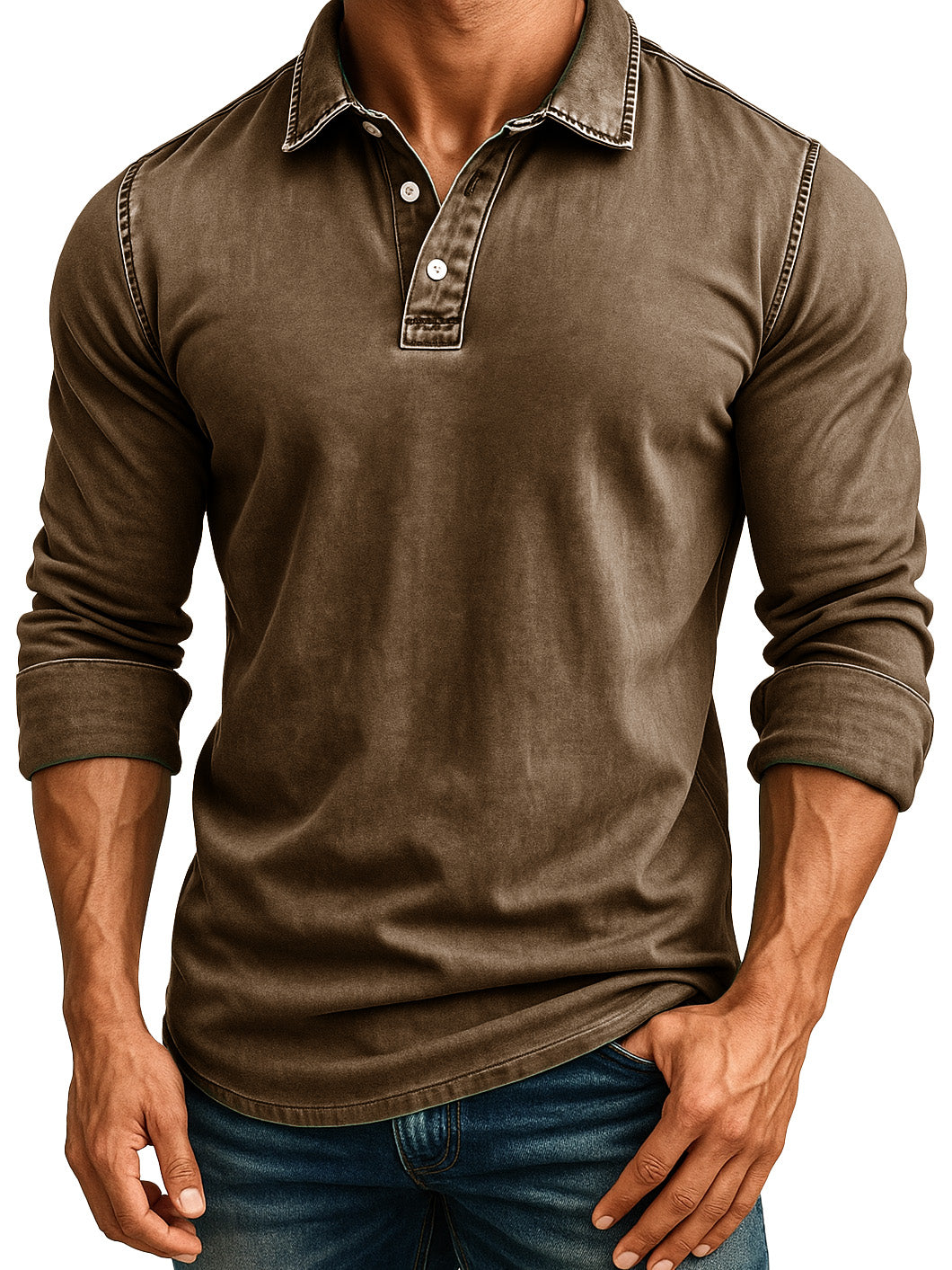 Men's Retro Fashion Distressed Lapel Long-sleeved Polo Shirt