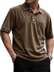 Men's Stylish Retro Pure Cotton Distressed Fabric Pocket Lapel Polo Shirt 
