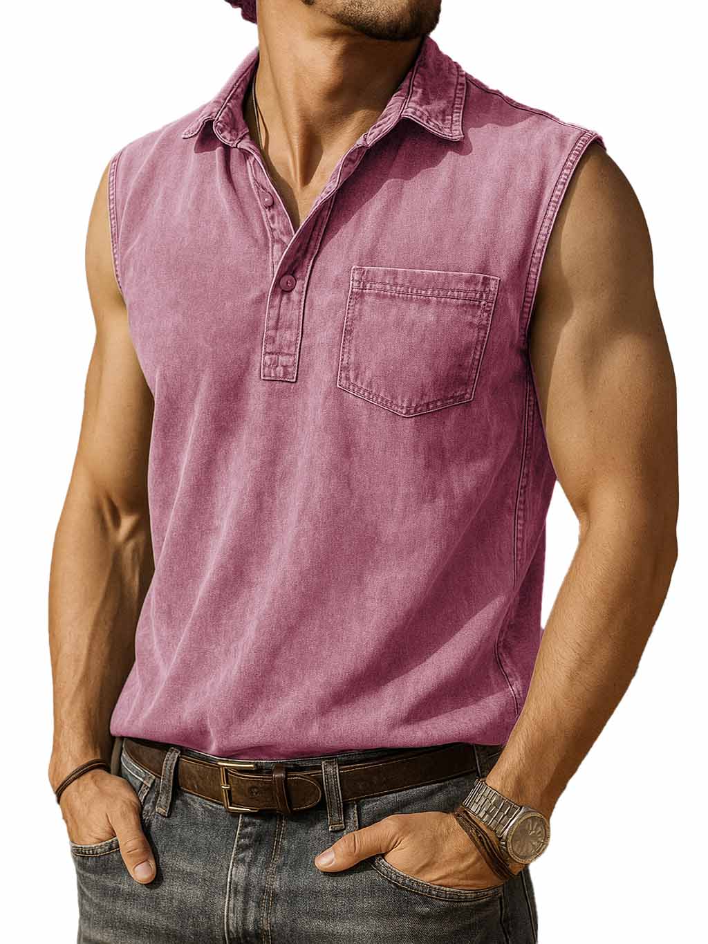Men's Fashion Retro Distressed Pocket Lapel Sleeveless Polo Shirt 