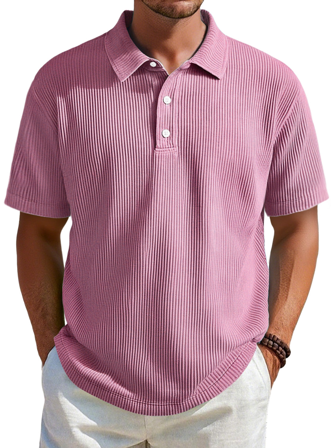 Men's Daily Ribbed Lapel Button Casual Solid Color Short-sleeved Polo Shirt