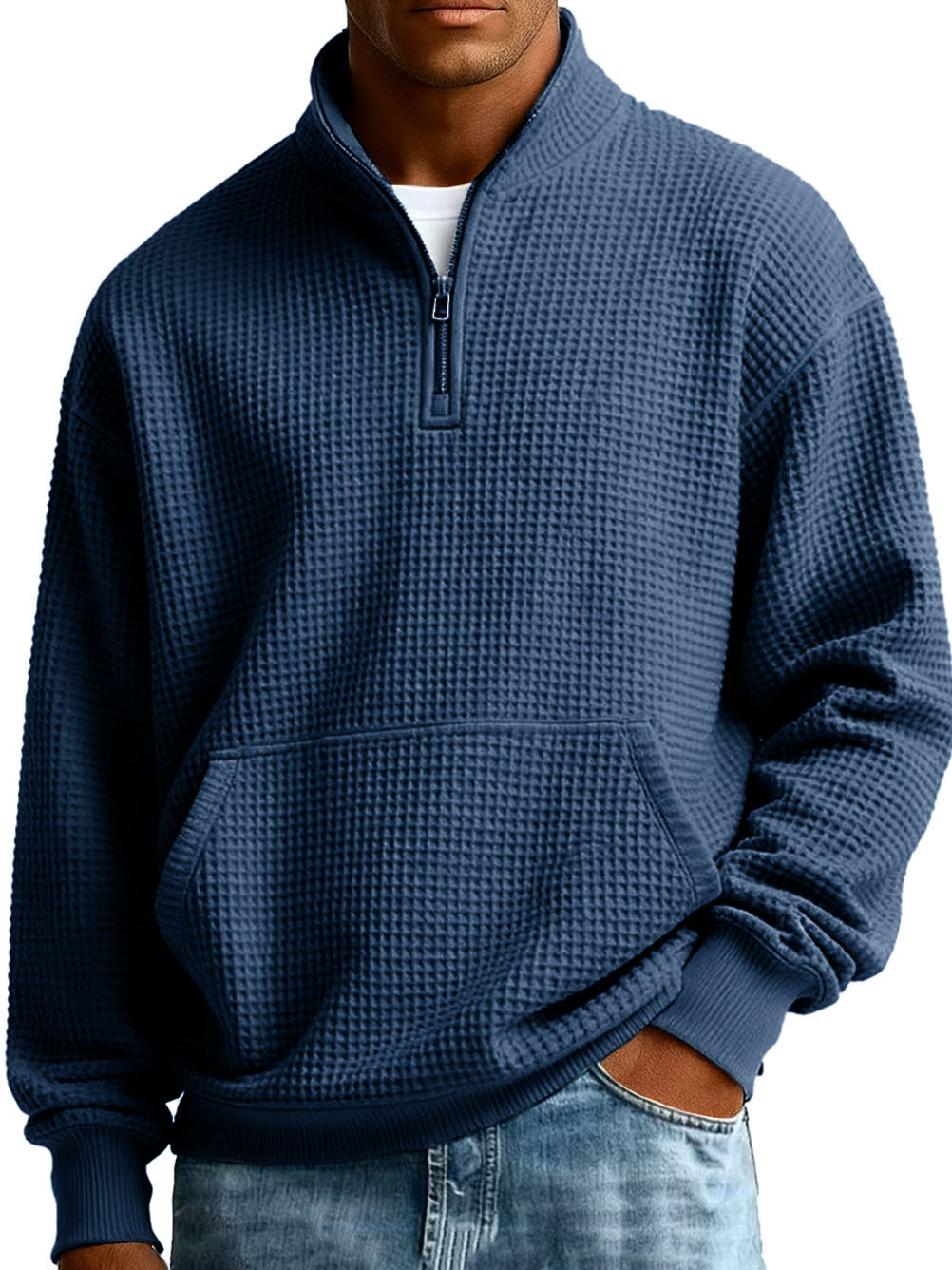 Men's Fashionable Casual Waffle Fabric Stand-up Collar Half-zip Long-sleeved Sweatshirt