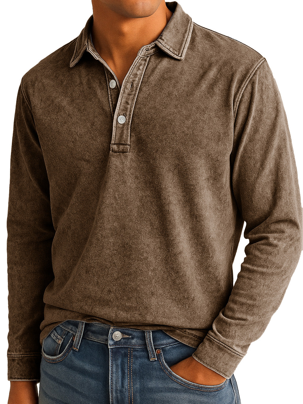 Men's Stylish Vintage Washed And Distressed Lapel Long-sleeved Polo Shirt 