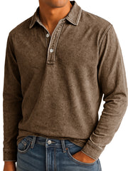 Men's Stylish Vintage Washed And Distressed Lapel Long-sleeved Polo Shirt 