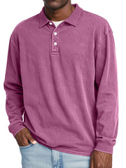 Men's Retro Lapel Button Solid Color Long Sleeve POLO Shirt