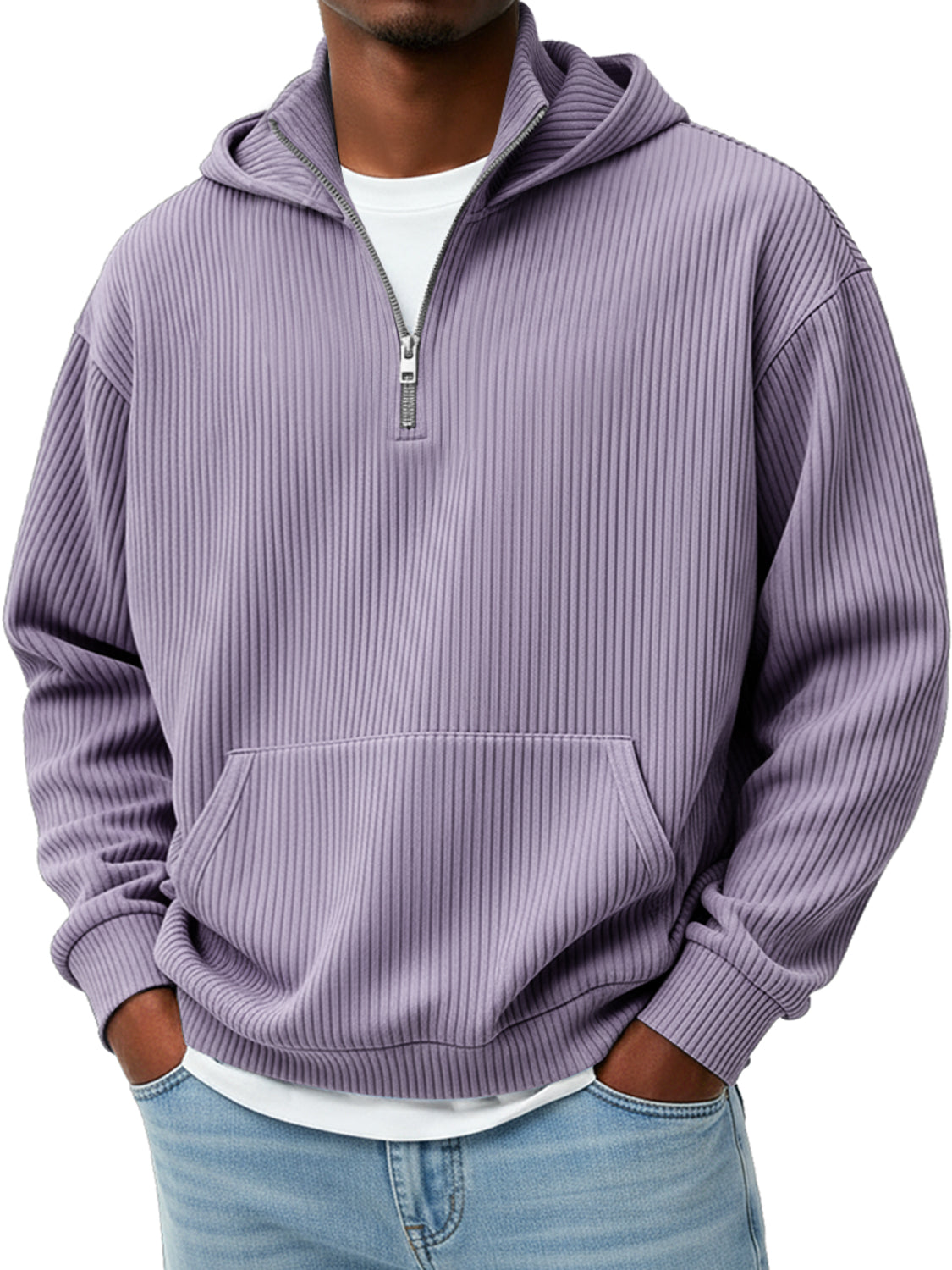 Men's Pit Stripe Stand Collar Zipper Casual Loose Hooded Sweatshir