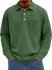 Men's Everyday Waffle Lapel Button Casual Pocket Long Sleeve Polo Shirt
