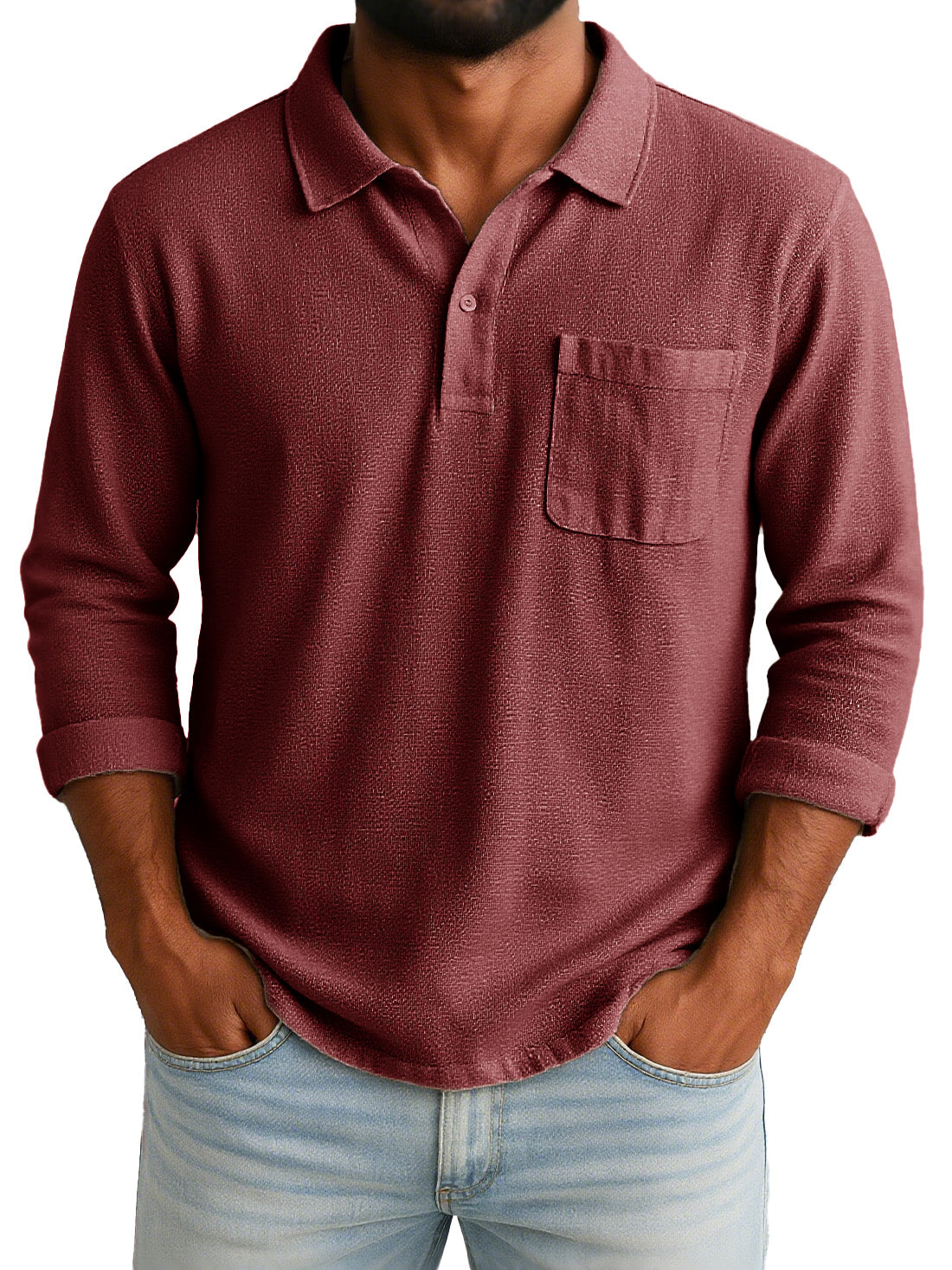 Men's Retro-chic Ramie Fabric Long-sleeved Polo Shirt With Loose-fitting Drawstring Waist And Embroidered Logo 