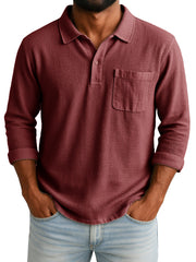 Men's Retro-chic Ramie Fabric Long-sleeved Polo Shirt With Loose-fitting Drawstring Waist And Embroidered Logo 