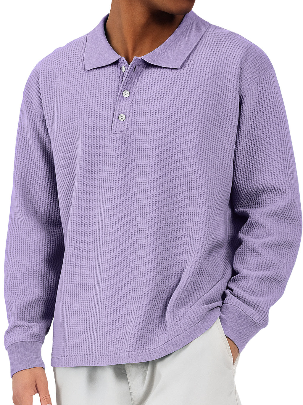 Men's Everyday Waffle Lapel Button-down Loose Casual Long-sleeved Polo Shirt